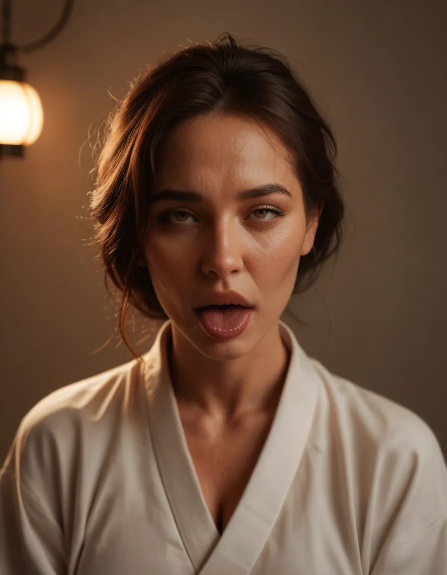 8k, sharp focus, detailed skin, mature female, japanese clothes, ahegao, spotlight, RAW photo, score_9, score_8, candid photo, realistic skin texture, visible skin pores, film grain, depth of field