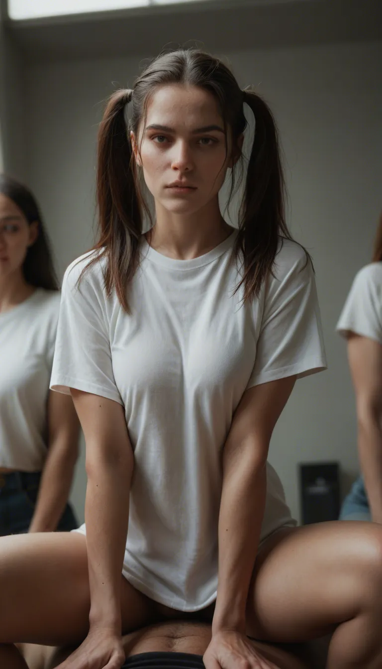 8k, sharp focus, detailed skin, 3women, twintails, white shirt, riding, dslr quality
