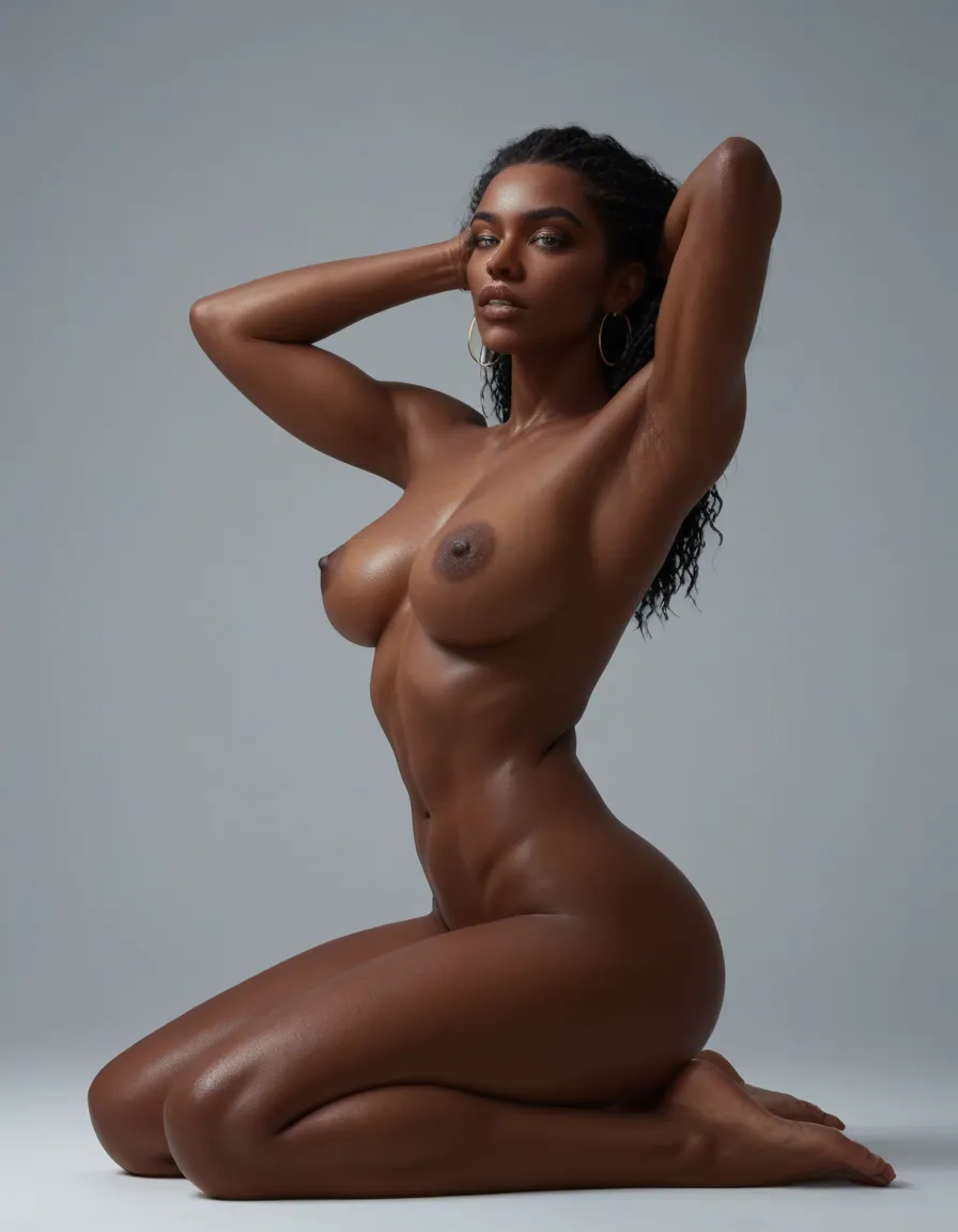 full frontal with face down to knees. You are a beautiful naked darker ghetto ebony-skinned woman with a perfect face. You have perfectly-shaped large to mid sized breasts and a perfectly toned body. Your armpits are perfectly toned as well and naturally grow no hair. You have perfectly glistening oily sin that smells of cocoa. Your torso is also perfectly toned and your pussy is natural but your bush is naturally very short and perfectly shaped as though you get waxed., score_9, score_8, candid photo, realistic skin texture, visible skin pores, film grain, depth of field