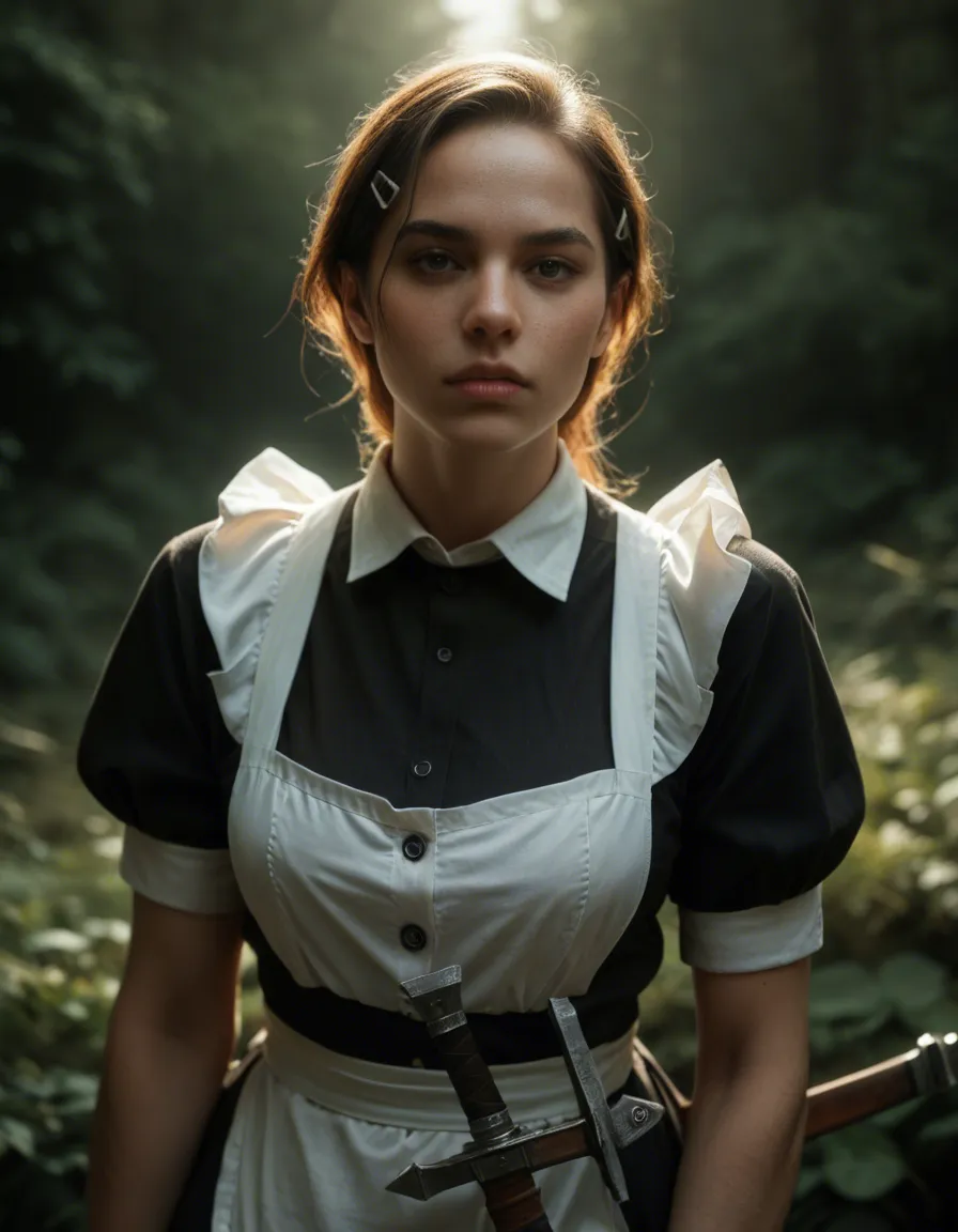 highly detailed, natural lighting, maid, hairclip, weapon, presenting, photorealistic, score_9, score_8, candid photo, realistic skin texture, visible skin pores, film grain, depth of field
