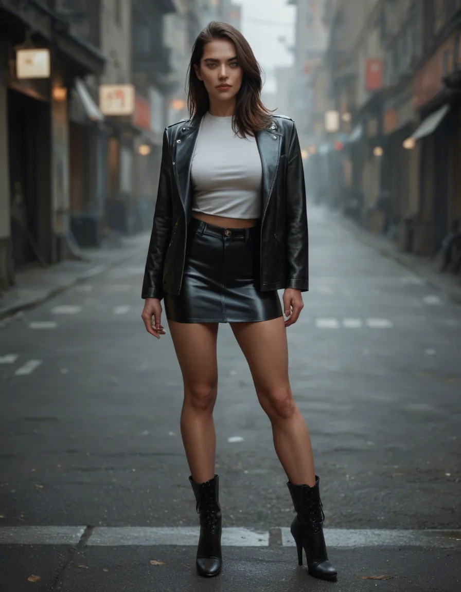 Japanese beauty only wearing a leather jacket and heeled leather boots. 8k, score_9, score_8, candid photo, realistic skin texture, visible skin pores, film grain, depth of field