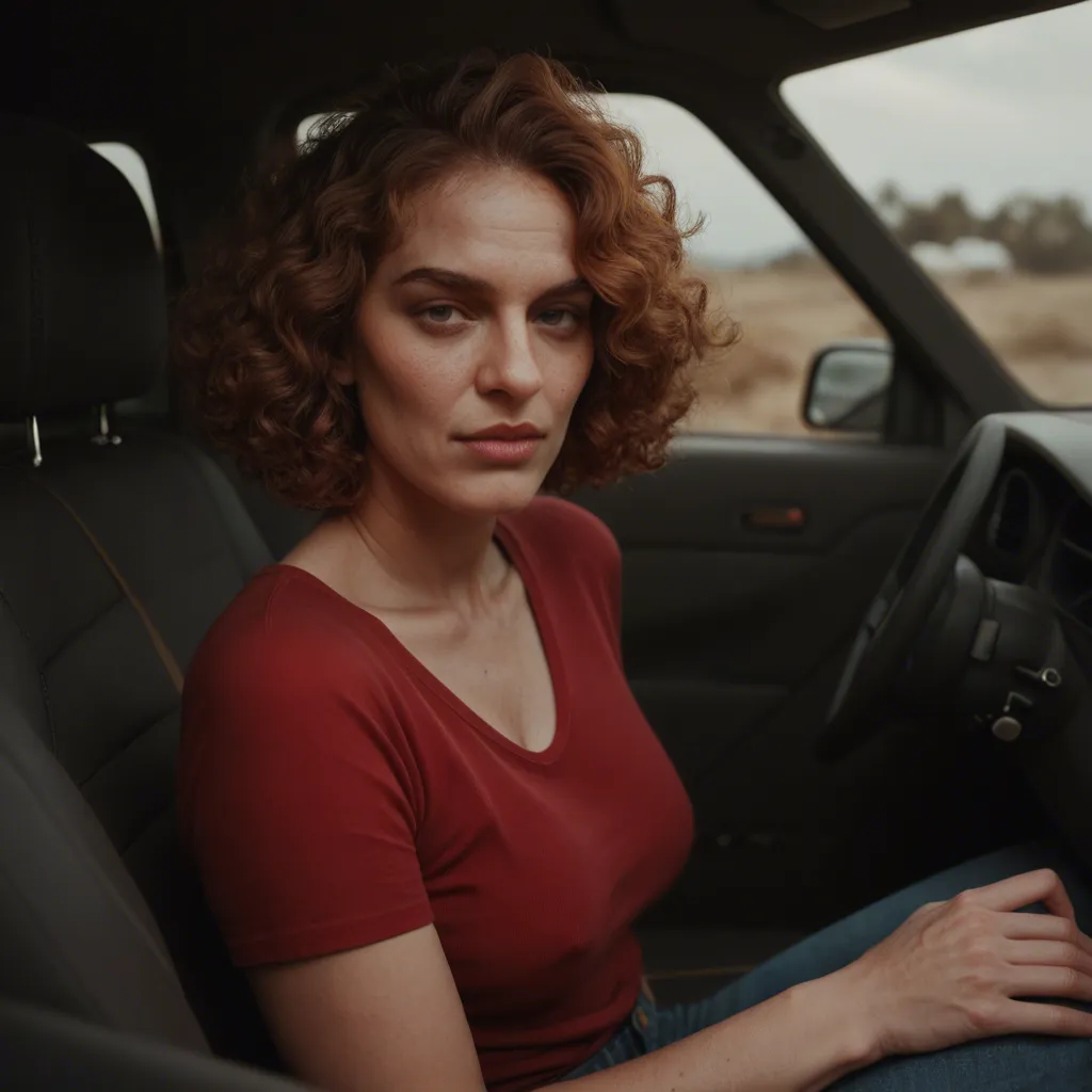 A candid photograph of an elderly woman with short, curly auburn hair, sitting in a car with the door open. She wears a magenta V-neck shirt and a floral skirt, which she lifts to expose her genitalia. She has fair skin, a serious expression, and a gold necklace. The car interior is visible, with a beige dashboard and steering wheel. The background is blurry, suggesting an outdoor setting.