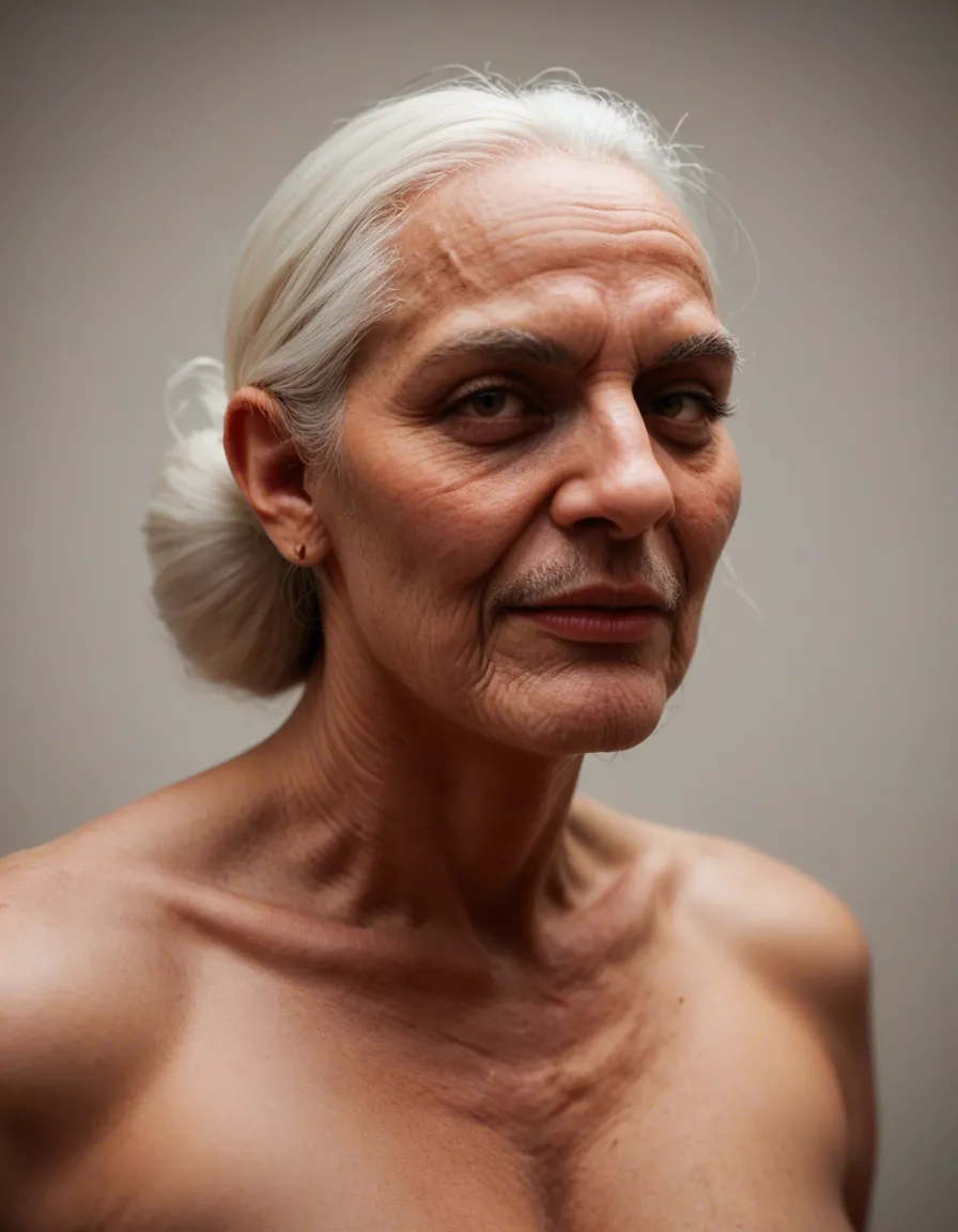 A 70 years old granny sexy with saggy boobs .
A bald hair man is just behind her .
The man squeezing the boobs of woman., score_9, score_8, candid photo, realistic skin texture, visible skin pores, film grain, depth of field