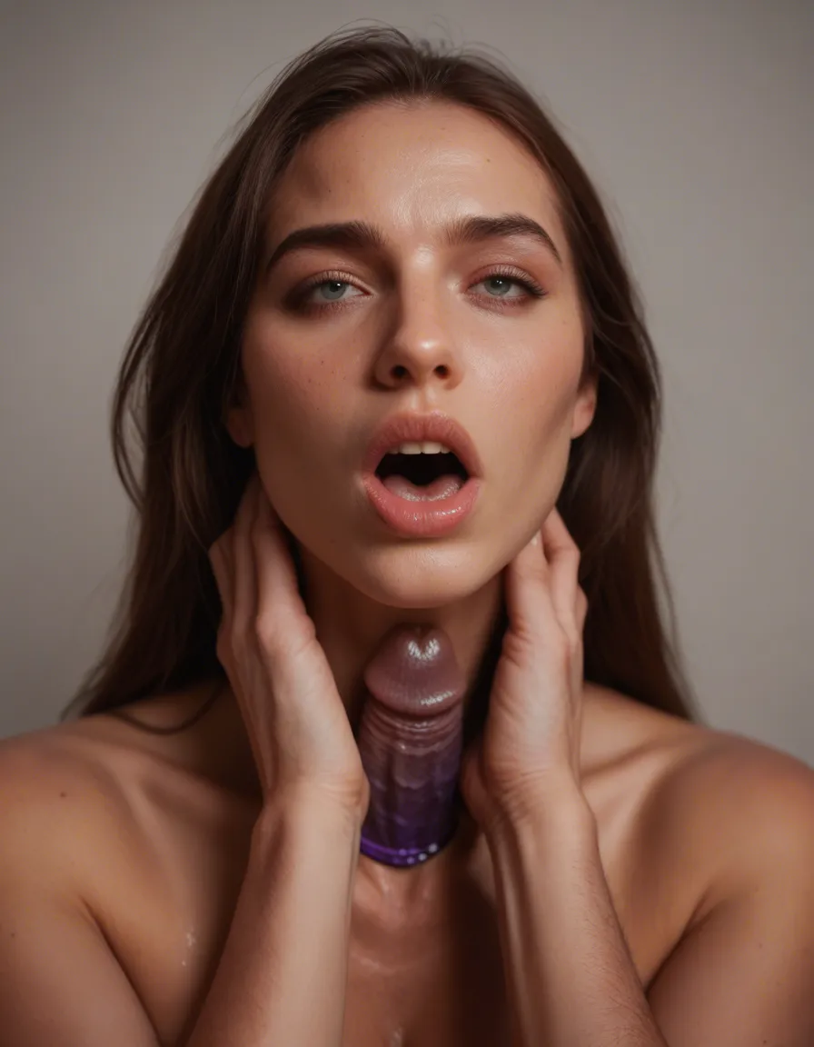 Choking on dildo, score_9, score_8, candid photo, realistic skin texture, visible skin pores, film grain, depth of field