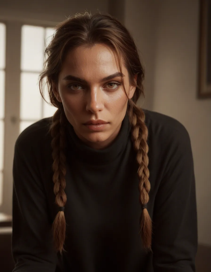 8k, sharp focus, detailed skin, solo, twin braids, long sleeves, bent over, golden hour, 8k uhd photo, score_9, score_8, candid photo, realistic skin texture, visible skin pores, film grain, depth of field