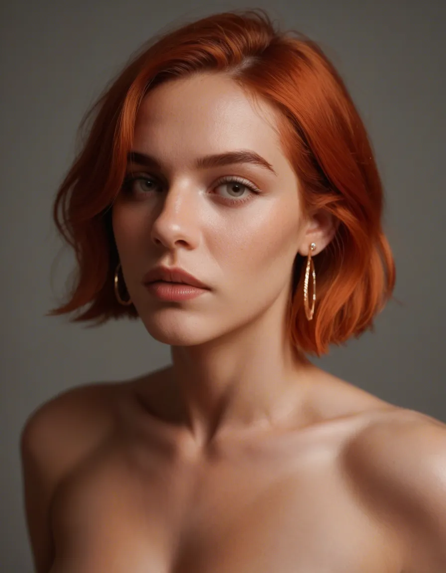 studio quality, sharp focus, redhead woman, short hair, earrings, fully nude, cinematic realism, score_9, score_8, candid photo, realistic skin texture, visible skin pores, film grain, depth of field
