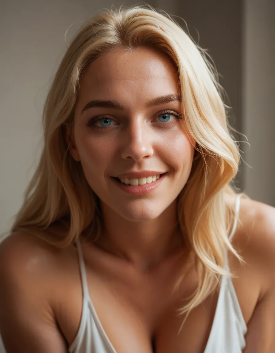 Swedish woman, cute, blonde_hair, blue_eyes, 18, happy_sex, score_9, score_8, candid photo, realistic skin texture, visible skin pores, film grain, depth of field