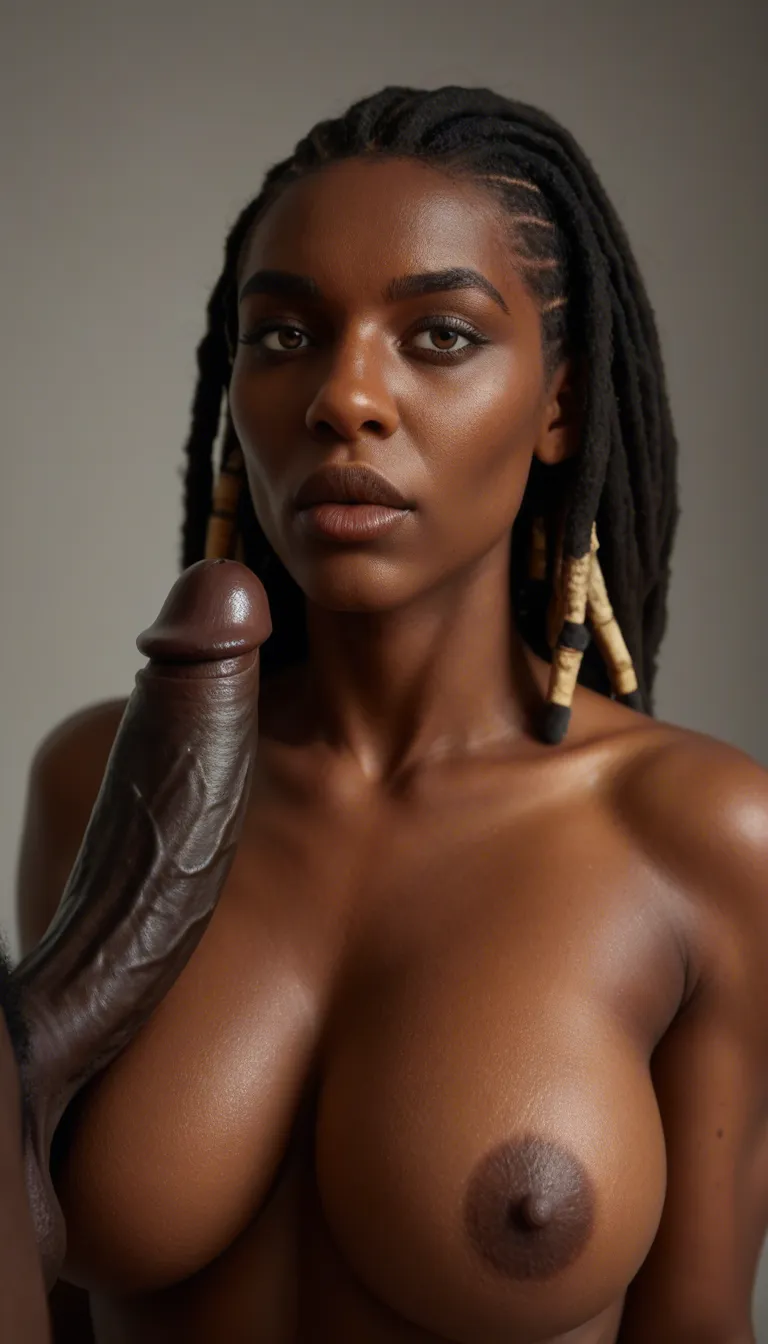 thick lips, enormous breast, 35 year old dark dark-skinned_female african mature_female, dreadlocks, scene starts with black penis deep in her throat, fast and rouch throat fuck, his hand gripping behind her head, he cums in her mouth while fucking her throat. Cum drips from her mouth as he continues to fuck her mouth