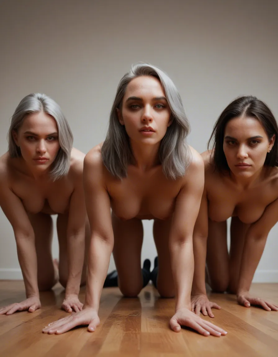 cinematic photo, 8k, 3women, grey hair, socks, on all fours, studio photo, score_9, score_8, candid photo, realistic skin texture, visible skin pores, film grain, depth of field