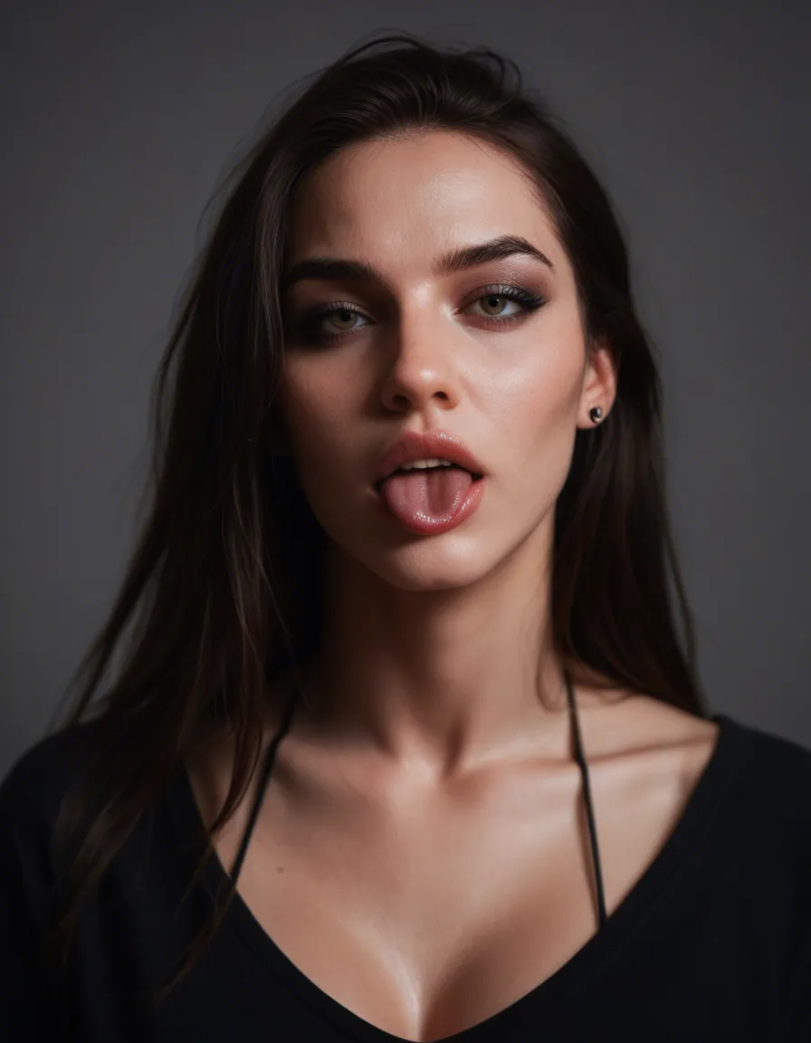 Sexy goth tongue out, score_9, score_8, candid photo, realistic skin texture, visible skin pores, film grain, depth of field