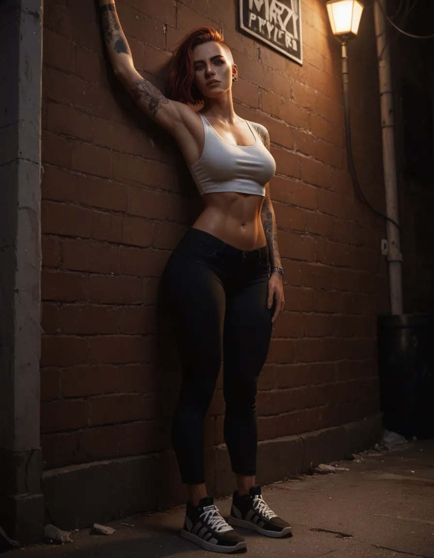 (((solo 18 year old skater woman with auburn hair))), lightly tanned, ((short undercut hair)), leaning her back against a wall, in an alley at night, hourglass figure, medium breasts, (((tattooed body:1.3))), full body, perfect face, cute nose, full lips, piercings, ((pierced nipples)), erect nipples, red leather thong, ((cropped black leather vest)), smiling, ((photorealistic)), professional photography, best quality, highest quality, high quality, detailed background, realistic, hard nipples, (piercing, nipple ring:1.5), <lora:nippleRing:.6>, (masterpiece:1.2), (lifelike photography:1.2), (perfect lighting:1.2), (ultra-realistic detail:1.2), (8k resolution:1.2), (high resolution:1.2), (triadic colors:1.2), (deep color:1.2), (intricate detail:1.2), (complementary colors:1.2), (symmetrical:1), (HD:1.2), (High definition:1.2), score_9, score_8, candid photo, realistic skin texture, visible skin pores, film grain, depth of field