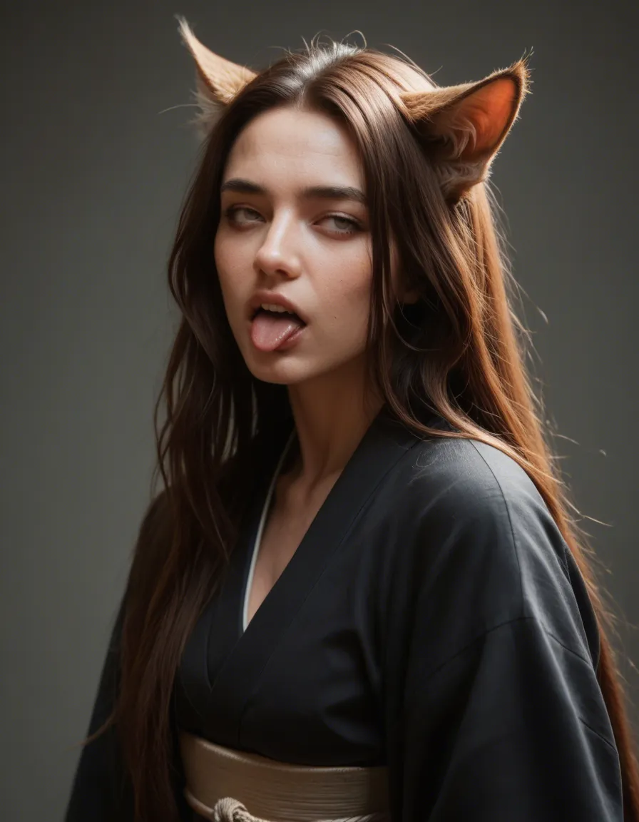 ultra HD, lifelike, catgirl, very long hair, japanese clothes, ahegao, hyperrealistic, score_9, score_8, candid photo, realistic skin texture, visible skin pores, film grain, depth of field
