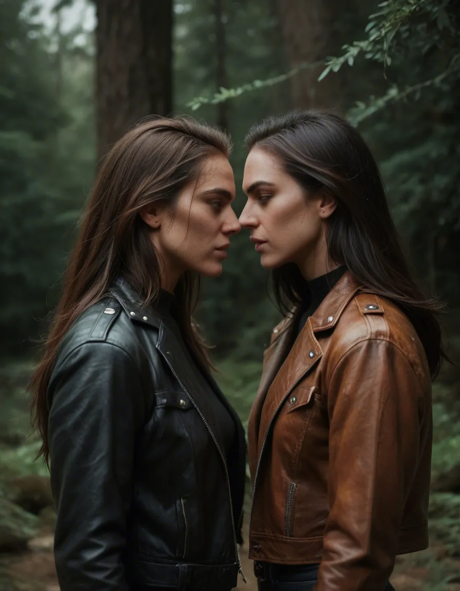 8k, sharp focus, detailed skin, couple, hourglass figure, jacket, presenting, tree, side view, RAW photo, score_9, score_8, candid photo, realistic skin texture, visible skin pores, film grain, depth of field