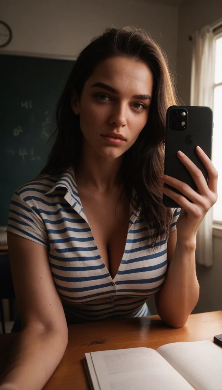 highly detailed, natural lighting, POV, teacher, grinding, curvy figure, dreamy atmosphere, cinematic realism, indoors, striped clothes