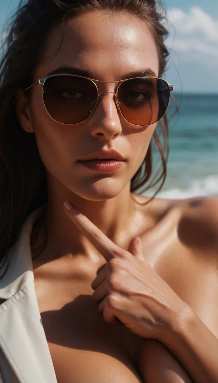 8k, sharp focus, detailed skin, princess, fingering, sunglasses, confident gaze, cinematic realism
