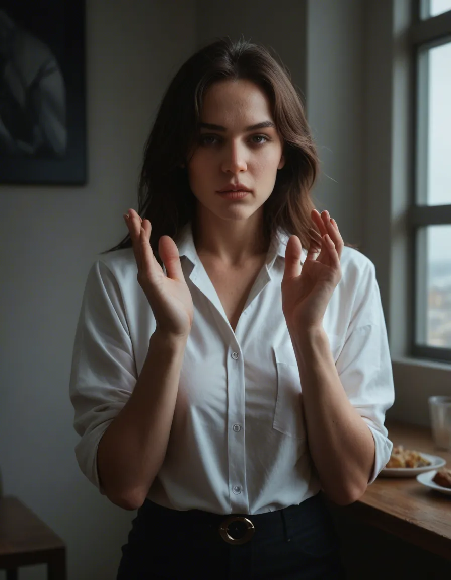 professional photo, high detail, brunette woman, hands up, food, bondage, day, cowboy shot, moonlight, hyperrealistic, score_9, score_8, candid photo, realistic skin texture, visible skin pores, film grain, depth of field