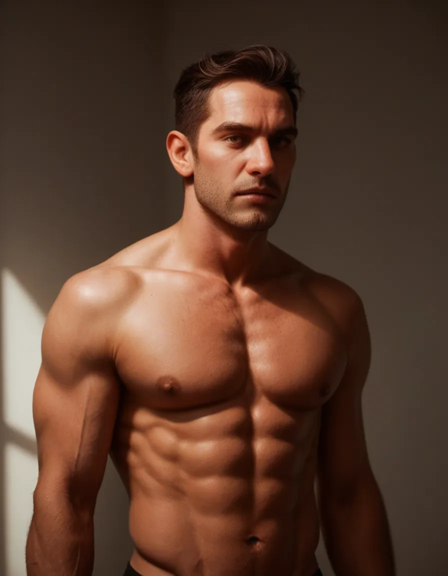 highly detailed, natural lighting, wide shot, succubus, topless, muscular male, studio photo, score_9, score_8, candid photo, realistic skin texture, visible skin pores, film grain, depth of field