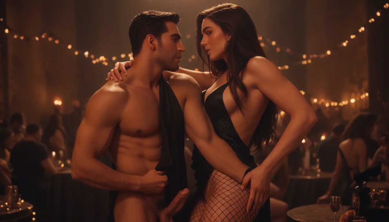 Couple, man and woman.- 1woman, party theme, 28 years, mini black dress, fishnet pantyhose, no panties, brunette, curl brown long hair, brown eyes, great body, great boobs, slutty, sensual, erotic, being groped, making out, foreplay, on a lounge, by 1 boy.- 29 years, long hair, brown eyes, brown hair, slim, thin body, narrow waist, cloths on, fingering, ((Erection.- 2/3)). nightclub scene, disco party theme, many people around, full backlight, dramatic lighting, painful orgasm faces, score_9, score_8, cinematic film still, anamorphic, film grain, dramatic lighting, shallow depth of field
