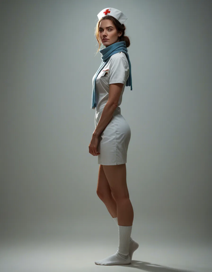 highly detailed, natural lighting, nurse, scarf, socks, presenting, side view, hyperrealistic, score_9, score_8, candid photo, realistic skin texture, visible skin pores, film grain, depth of field