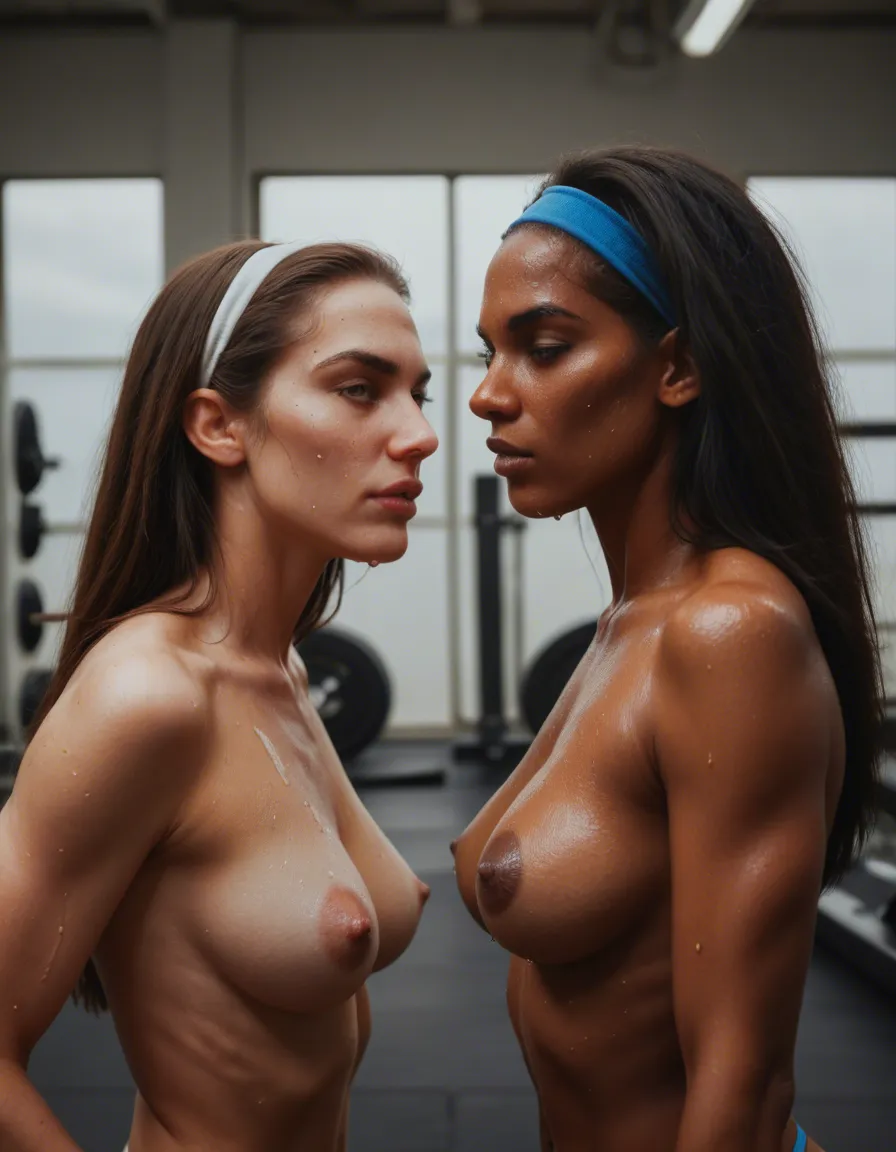 Two tanned fit females with big tits. Wearing tiny 80s aerobics outfits and headbands. In a gym. sweat. Covered with shaving cream., score_9, score_8, candid photo, realistic skin texture, visible skin pores, film grain, depth of field