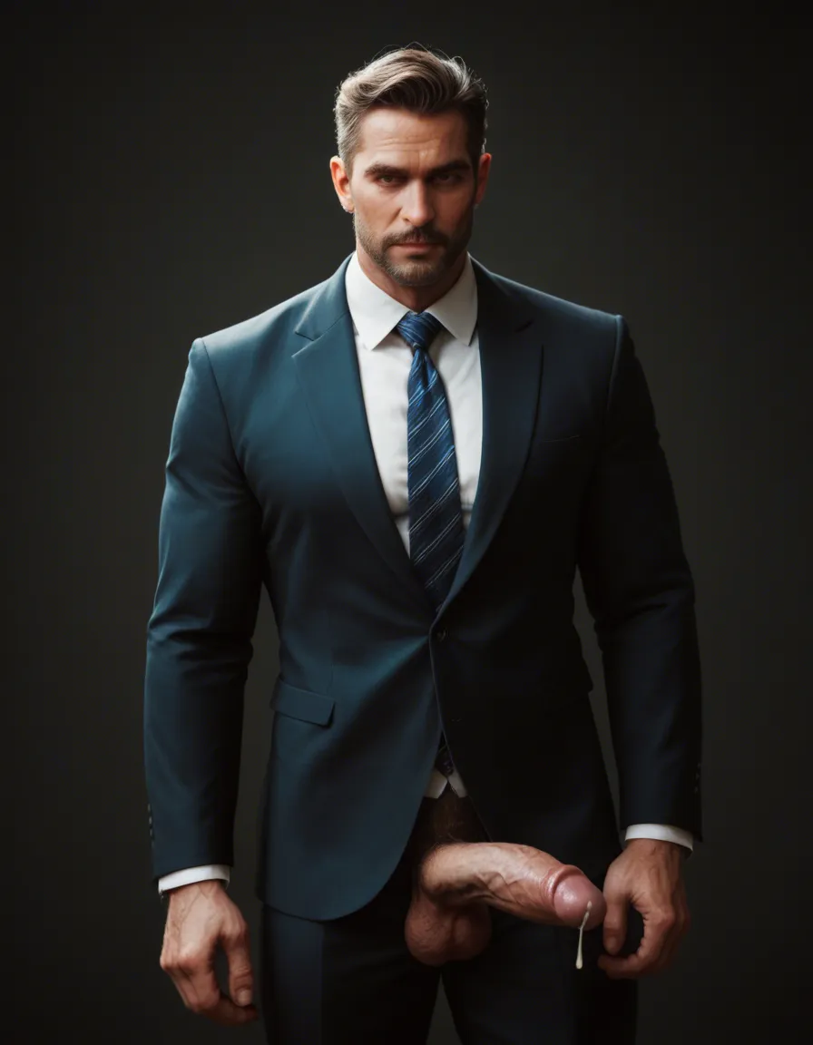 a handsome, mature male in suit with muscular body jerking off and cum, big hairy cock out, score_9, score_8, candid photo, realistic skin texture, visible skin pores, film grain, depth of field