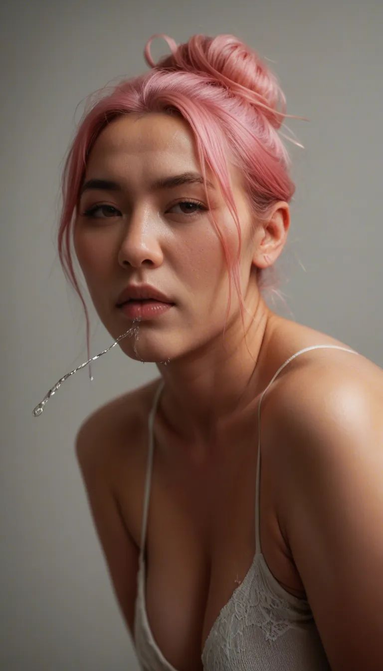 An asian BBW with pink hair in a messy bun squirting