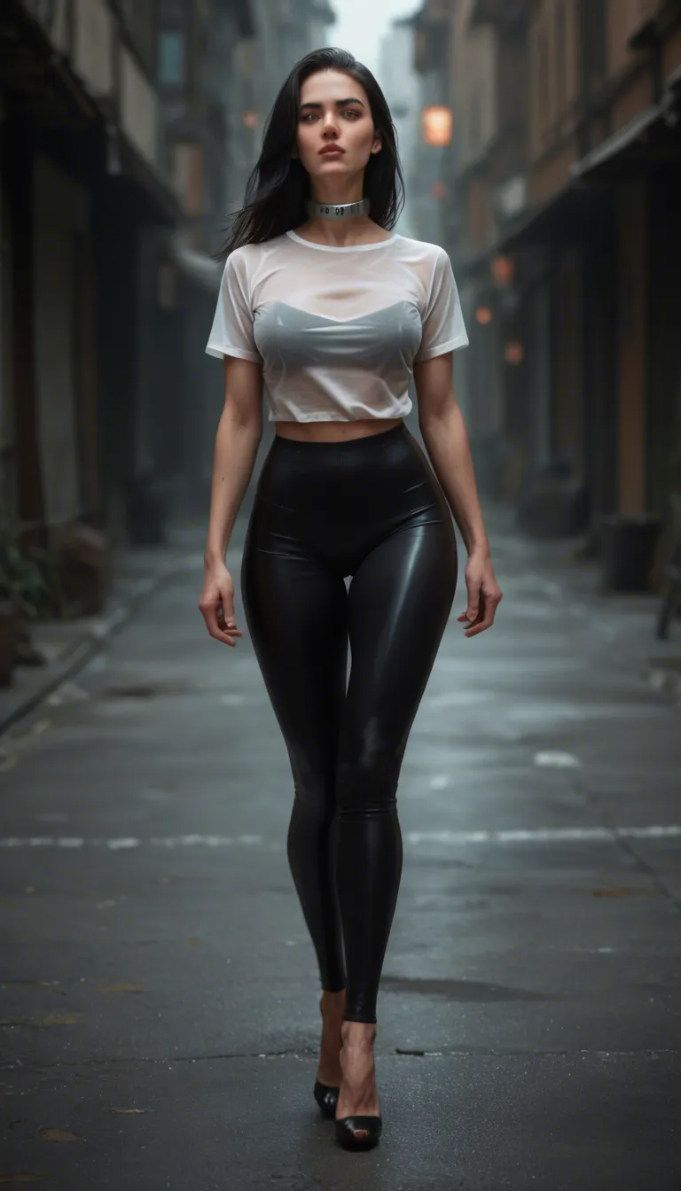 8k, transparent white blouse, skin_tight  black Pencil Shirt, 6inch high Heels, walking, bouncing big boobs, Long black hair, Steel collar, photorealistic,  tall, devot
