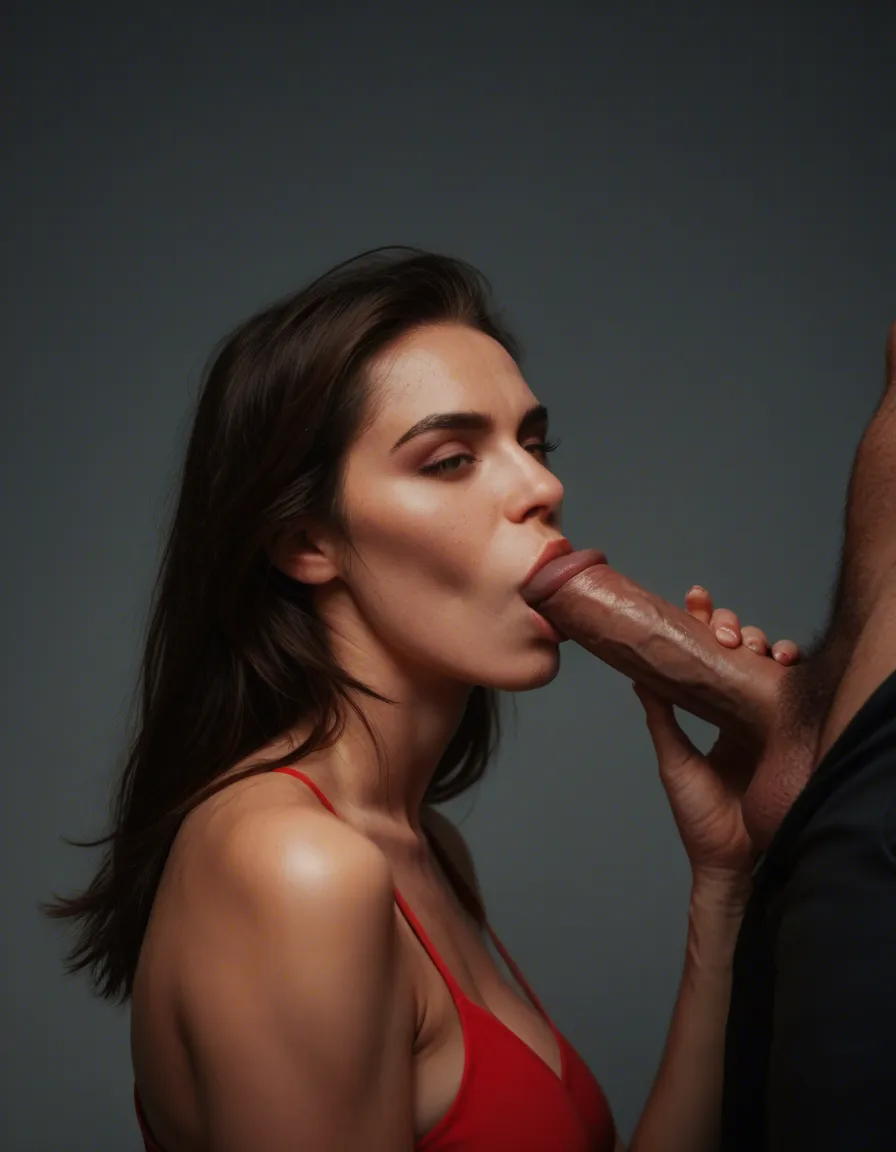 cinematic photo, 8k, male focus, curvy figure, skirt, blowjob, gradient background, volumetric light, studio photo, score_9, score_8, candid photo, realistic skin texture, visible skin pores, film grain, depth of field