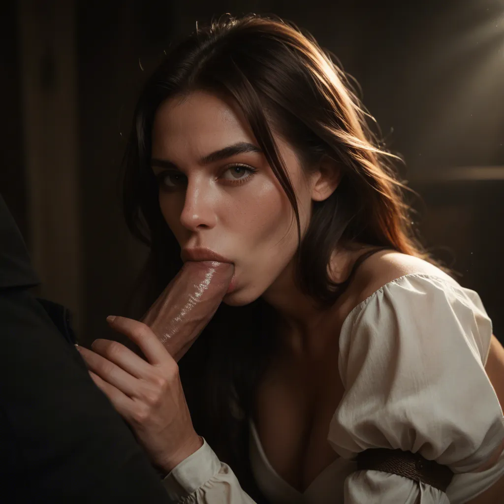 highly detailed, natural lighting, brunette woman, thigh boots, puffy sleeves, holding, blowjob, dramatic lighting, photorealistic