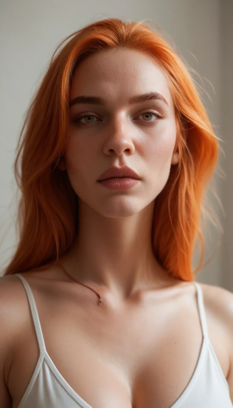 A 5 foot 9 inch white woman 20 years old with pale skin and bright orange hair walks into frame. She has a bullring nose piercing. Her body is slim she has a more rournd shaped face. She lifts her shirt revealing her medium sized breasts. She has a purple upside down bat tattooed under her breasts. The tattoo goes almost across her whole chet. She smiles revealing her braces. She asks if i want to fuck