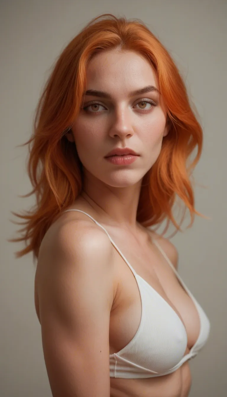 A 5 foot 9 inch white woman 20 years old with pale skin and bright orange hair walks into frame. She has a bullring nose piercing. Her body is slim she has a more rournd shaped face. She lifts her shirt revealing her medium sized breasts. She has a purple upside down bat tattooed under her breasts. The tattoo goes almost across her whole chet. She smiles revealing her braces. She asks if i want to fuck her naked body is visible from her knees up