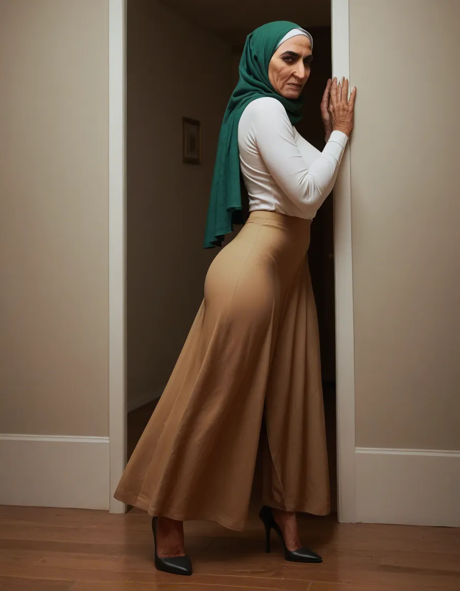 An Arab woman, 60 years old, quite elderly with wrinkled skin. Shes wearing a modern green hijab, high heels, and a long skirt. Shes crouched down, cleaning inside the house, and has pulled her skirt up to her knees. Her vagina is visible. Her face is tense and nervous. She is a very devout Muslim. Her house is quite old, like a village house. The skirt shes wearing is also quite old. Her face looks unkempt., she is pregnant, score_9, score_8, candid photo, realistic skin texture, visible skin pores, film grain, depth of field
