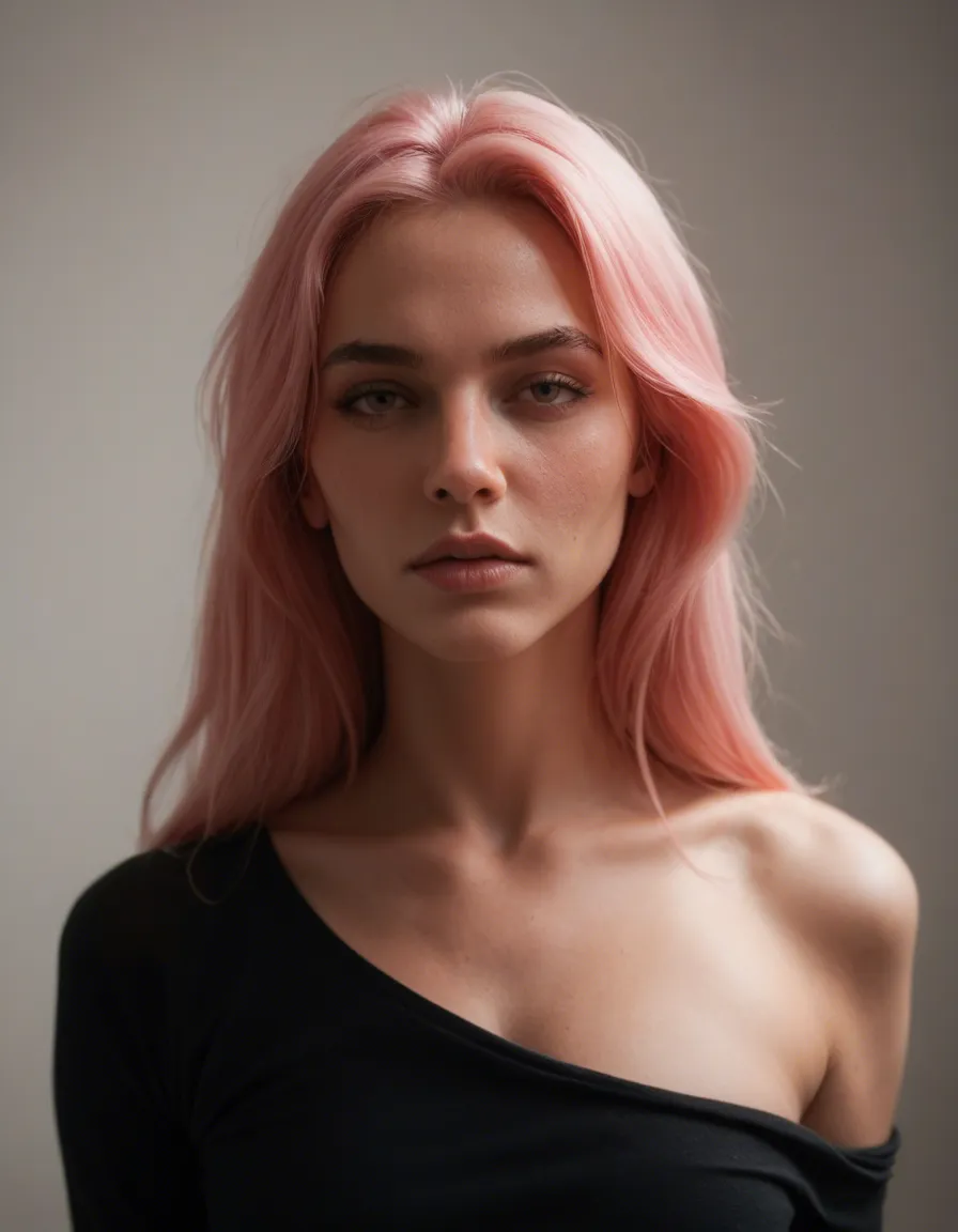 Pink hair femboy 18, score_9, score_8, candid photo, realistic skin texture, visible skin pores, film grain, depth of field