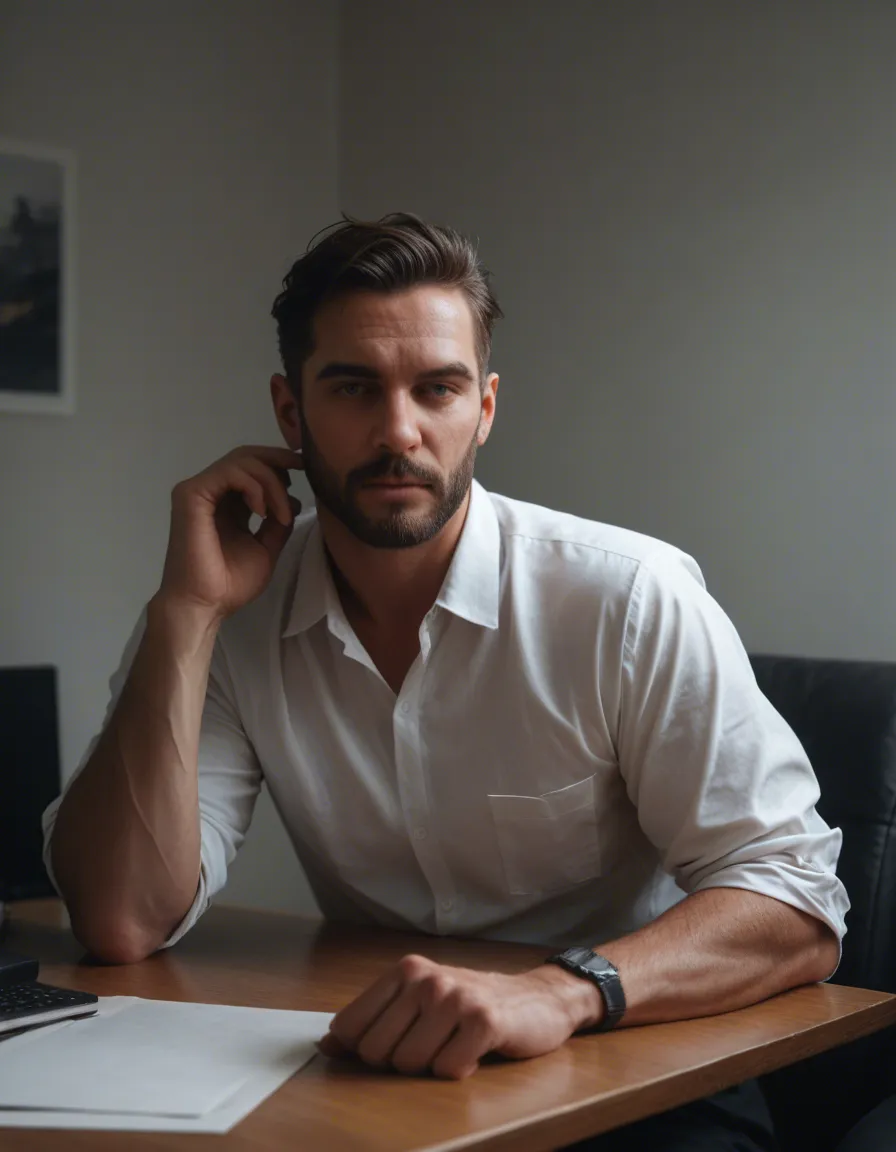 RAW photo, ultra realistic, male focus, two-tone hair, office wear, bent over, volumetric light, photorealistic, score_9, score_8, candid photo, realistic skin texture, visible skin pores, film grain, depth of field