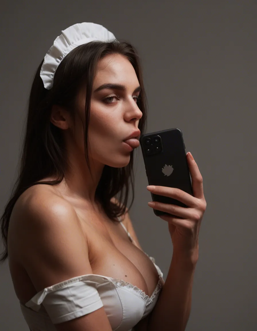 smartphone quality, natural, maid, blowjob, large breasts, seductive look, grey background, authentic vibe, score_9, score_8, amateur photo, phone snapshot, realistic skin texture, skin blemishes, soft indoor lighting