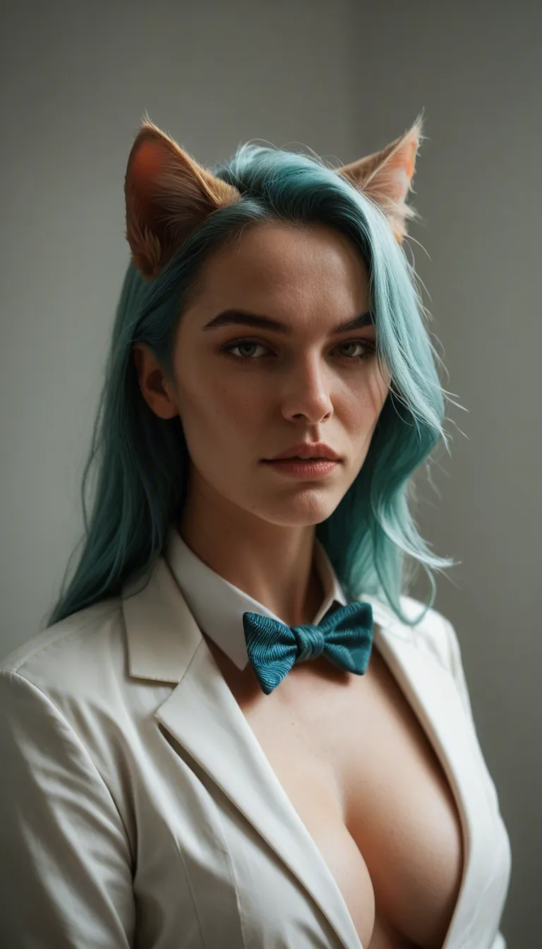 professional photo, high detail, catgirl, aqua hair, bowtie, teasing, natural skin texture