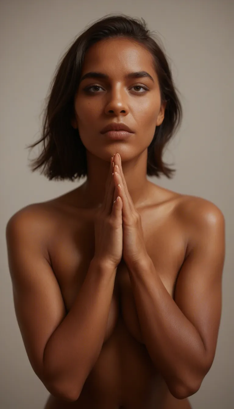 photorealistic explicit porn still of the same young adult woman, mid-20s, exact face locked: oval face, tan olive skin, high cheekbones, slim nose, large almond brown eyes looking up at the camera, long dark lashes, defined brows, full glossy red ipstick llips stretched around a thick veiny cock, long jet-black center-part wavy hair falling over her shoulders, large thin gold hoop earrings, two delicate layered gold necklaces with small pendants, cyan aqua triangle bikini top with royal-blue trim still on, deep cleavage, gold rings on her fingers, she is on her knees giving a deepthroat blowjob, mouth wide, lips sealed on the shaft, cock filling her throat, slight bulge in her neck, saliva strings, wet lips, mascara she looks like a indian baddie
