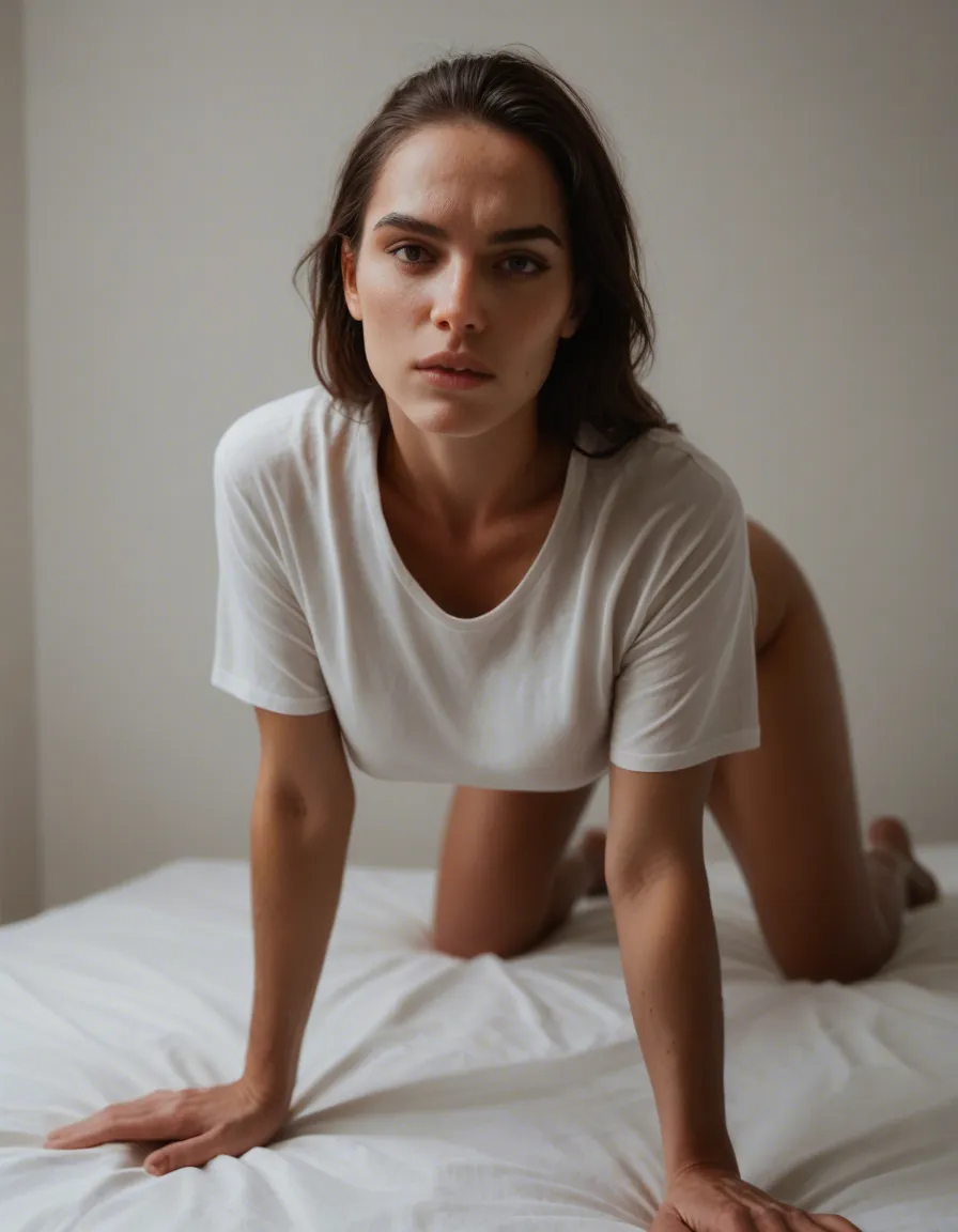 RAW photo, ultra realistic, solo focus, toned body, shirt, on all fours, cool tones, cinematic realism, score_9, score_8, candid photo, realistic skin texture, visible skin pores, film grain, depth of field