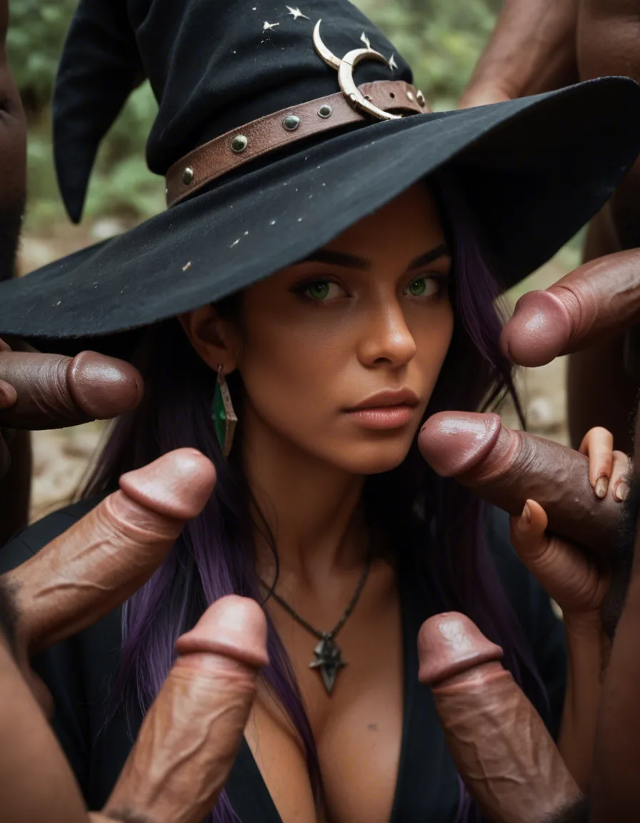 Pointy ear, dark skin, anime, witch, purple_hair, green_eyes , gangbang, score_9, score_8, candid photo, realistic skin texture, visible skin pores, film grain, depth of field
