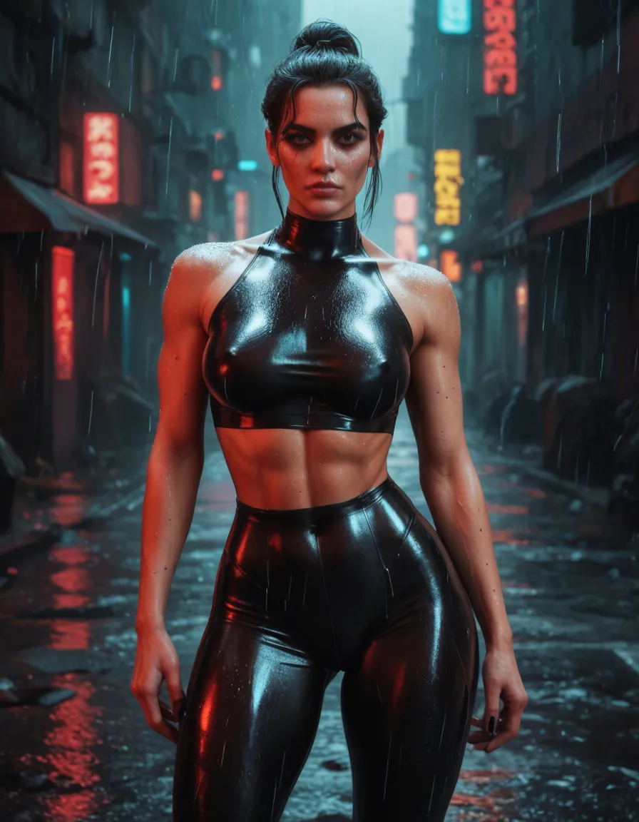 Cyberpunk Psychedelic Dystopia, hyper-realistic photo of a Thai kathoey sissy femboy, wearing skin-tight shiny latex pants with a prominent bulge, extreme hourglass figure, exposed midriff, E-cup breasts, large butt, glowing neon bellybutton microchip, rainy dystopian street background, vivid psychedelic neon lighting, 8k, cinematic., score_9, score_8, candid photo, realistic skin texture, visible skin pores, film grain, depth of field