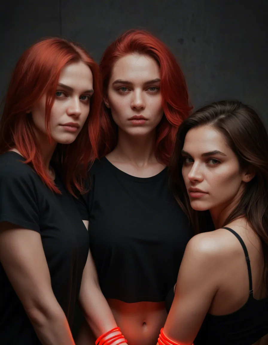 best quality, hyperrealistic, 3women, red hair, shirt, bondage, neon glow, dslr quality, score_9, score_8, candid photo, realistic skin texture, visible skin pores, film grain, depth of field