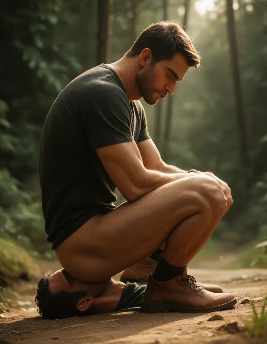 highly detailed, natural lighting, male focus, brown footwear, shirt, facesitting, depth of field, side view, RAW photo, score_9, score_8, candid photo, realistic skin texture, visible skin pores, film grain, depth of field, score_9, score_8, candid photo, realistic skin texture, visible skin pores, film grain, depth of field