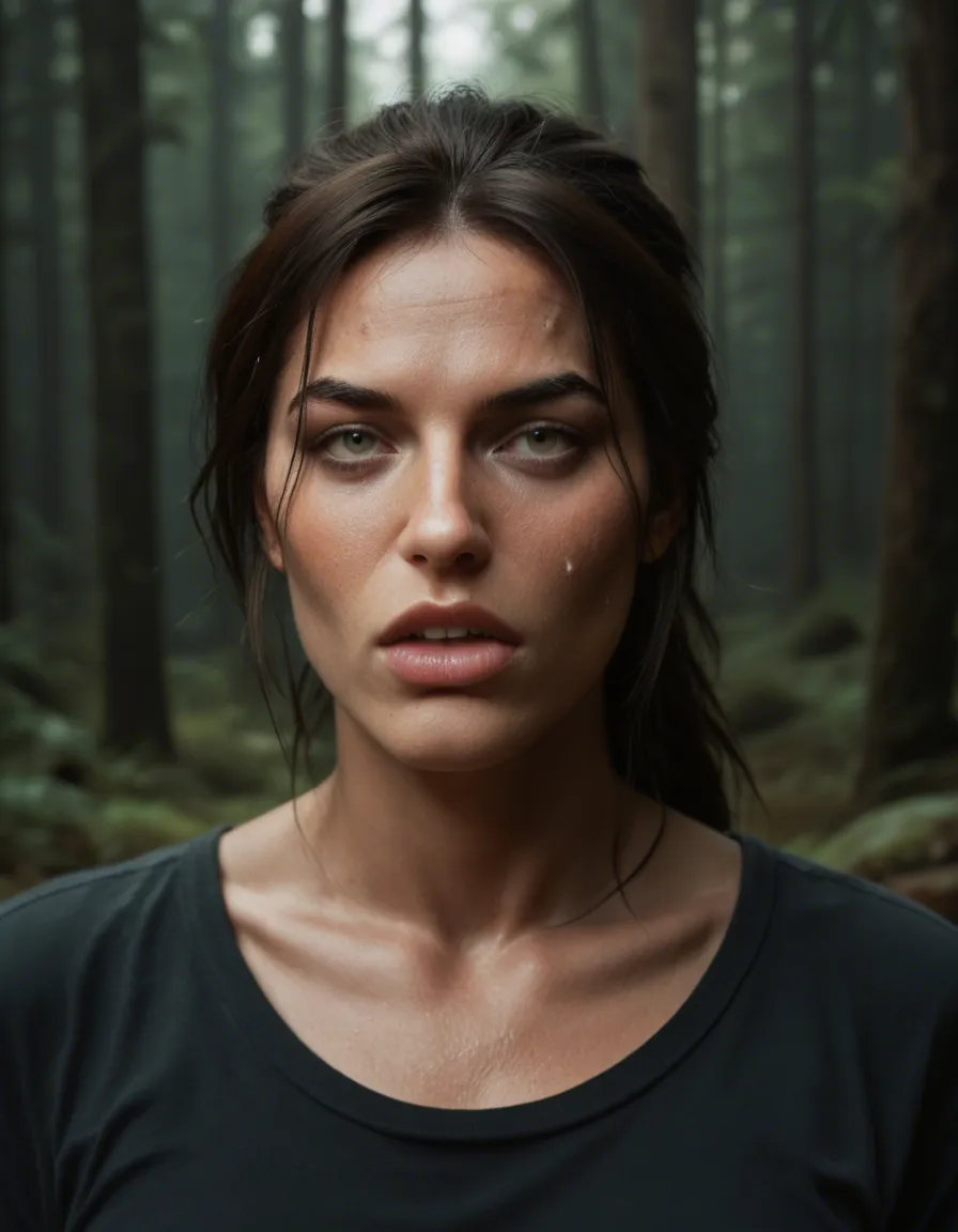 Lara croft, studio quality, sharp focus, cum_in_mouth, RAW photo, sweatdrop, open eyes, forest, score_9, score_8, candid photo, realistic skin texture, visible skin pores, film grain, depth of field