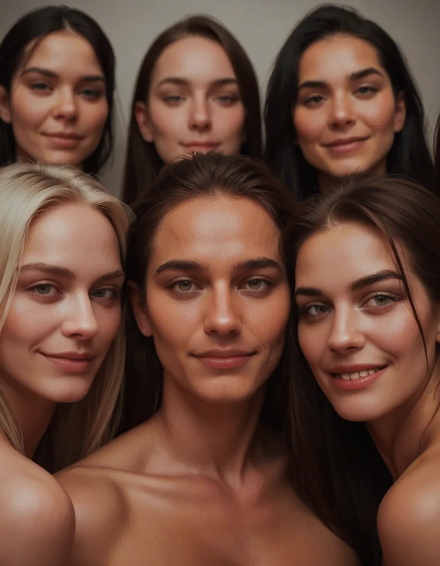 dslr, film grain, photorealistic, 6+women, presenting, muscular male, shy smile, studio photo, score_9, score_8, candid photo, realistic skin texture, visible skin pores, film grain, depth of field