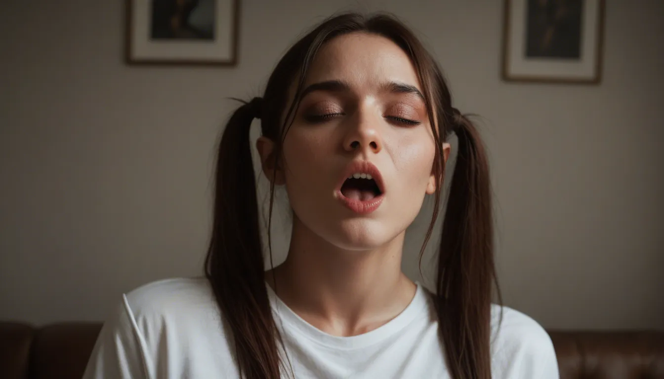 cinematic photo, 8k, succubus, twintails, white shirt, moaning, cinematic realism