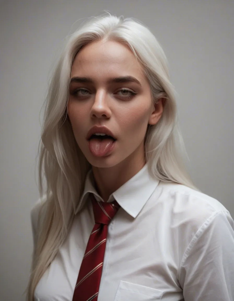 8k, sharp focus, detailed skin, solo focus, white hair, necktie, ahegao, photorealistic, score_9, score_8, candid photo, realistic skin texture, visible skin pores, film grain, depth of field