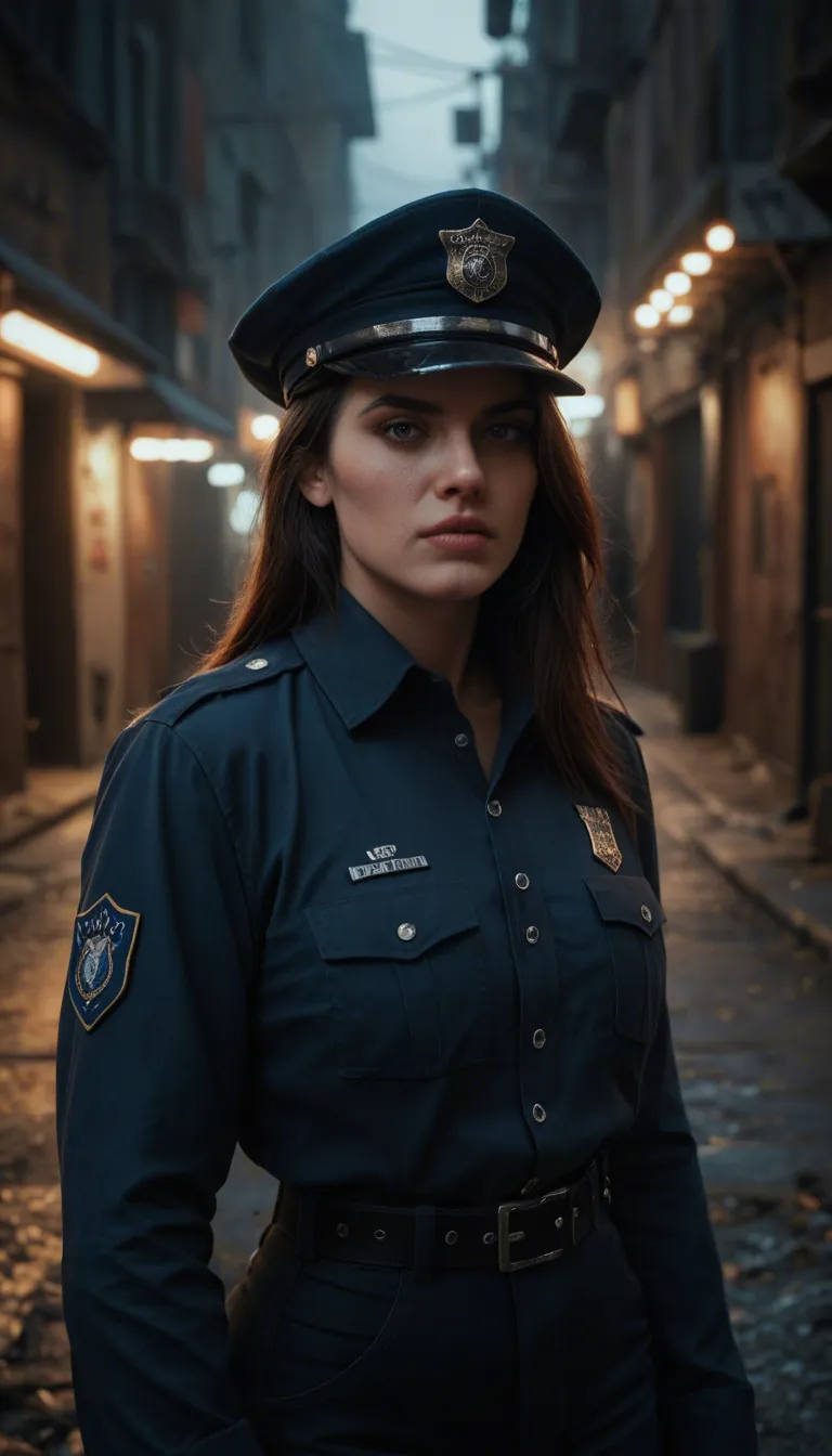 A cinematic, high-contrast night scene set in a gritty, dimly lit urban alleyway beside the glowing taillights of a parked police cruiser. A stunning mature female police officer in her early 40s, featuring a trim, athletic build and brown hair pulled back into a tight ponytail, is kneeling on the asphalt. She is dressed in a crisp, full-duty police uniform, her taut backside visible as she leans forward to perform a fast, passionate deepthroat blowjob on a tall, muscular, dark-skinned male officer. The man, whose face remains strictly off-camera, is also in full uniform, his large hands firmly gripping the back of her head to drive the penetration deeper. A subtle, realistic glisten of saliva trickles down her chin, capturing a moment of intense friction and slight physical discomfort as she is pulled tight against him, her expression a mix of passion and strained effort.