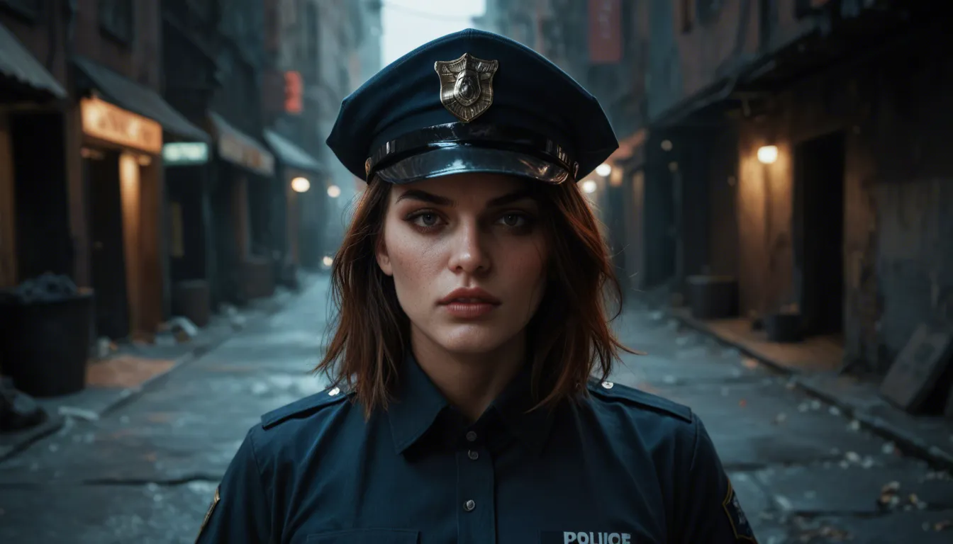 A cinematic, high-contrast night scene set in a gritty, dimly lit urban alleyway beside the glowing taillights of a parked police cruiser. A stunning mature female police officer in her early 40s, featuring a trim, athletic build and brown hair pulled back into a tight ponytail, is kneeling on the asphalt. She is dressed in a crisp, full-duty police uniform, her taut backside visible as she leans forward to perform a fast, passionate deepthroat blowjob on a tall, muscular, dark-skinned male officer. The man, whose face remains strictly off-camera, is also in full uniform, his large hands firmly gripping the back of her head to drive the penetration deeper. A subtle, realistic glisten of saliva trickles down her chin, capturing a moment of intense friction and slight physical discomfort as she is pulled tight against him, her expression a mix of passion and strained effort.