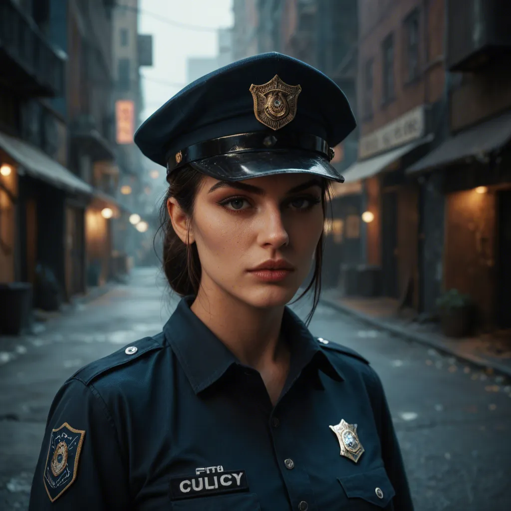 A cinematic, high-contrast night scene set in a gritty, dimly lit urban alleyway beside the glowing taillights of a parked police cruiser. A stunning mature female police officer in her early 40s, featuring a trim, athletic build and brown hair pulled back into a tight ponytail, is kneeling on the asphalt. She is dressed in a crisp, full-duty police uniform, her taut backside visible as she leans forward to perform a fast, passionate deepthroat blowjob on a tall, muscular, dark-skinned male officer. The man, whose face remains strictly off-camera, is also in full uniform, his large hands firmly gripping the back of her head to drive the penetration deeper. A subtle, realistic glisten of saliva trickles down her chin, capturing a moment of intense friction and slight physical discomfort as she is pulled tight against him, her expression a mix of passion and strained effort.