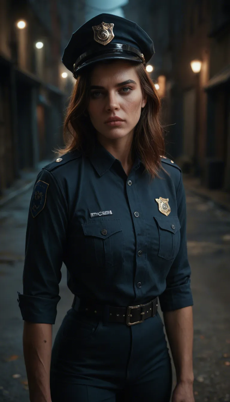 A raw, clandestine moment in a dimly lit urban alleyway at night, where the harsh glow of a police cruiser's headlights casts long, dramatic shadows. A stunning mature female officer in her early 40s, sporting a disciplined ponytail and a trim, athletic build, is dressed in a crisp, full police uniform that hugs her taut backside as she kneels on the asphalt. She is engaged in a fast, passionate act of deepthroat intimacy with a tall, muscular dark-skinned male officer; his face remains completely out of frame, emphasizing his imposing presence. His hands are firmly gripped around her head, pulling her in tight to drive the action deeper. A subtle, realistic glint of saliva trickles down her chin, while her expression captures a moment of breathless discomfort that only fuels the intensity of the encounter.